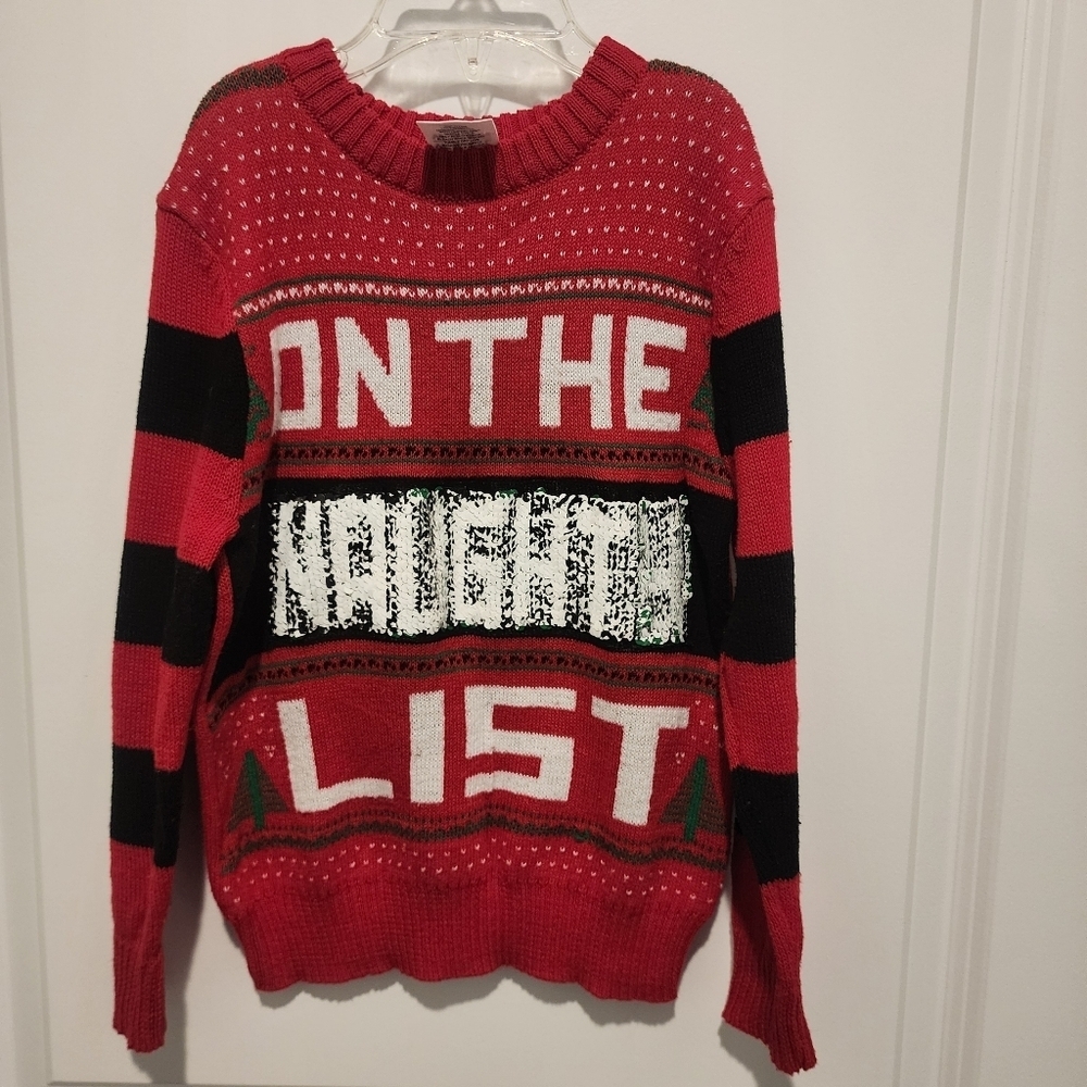 "I'm On The Nice/Naughty List" Red Knit Sequin Ugly Christmas Sweater Boy's XS